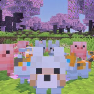 grafika z gry Minecraft, widzimy na niej różne prostokątne małe zwierzaki, po lewej stoi różowa świnka, biały kotek z jednym okiem żółtym a drugim niebieskim, po prawej różowa świnka i kotek z biało-żółtą sierścią, na pierwszym planie biały pyszczek pieska, w tle widzimy ciemne drzewa z różowymi liśćmi i ziemię z zieloną trawą, wszystko utrzymane w charakterystycznej grafice Minecrafta, czyli kwadratowe