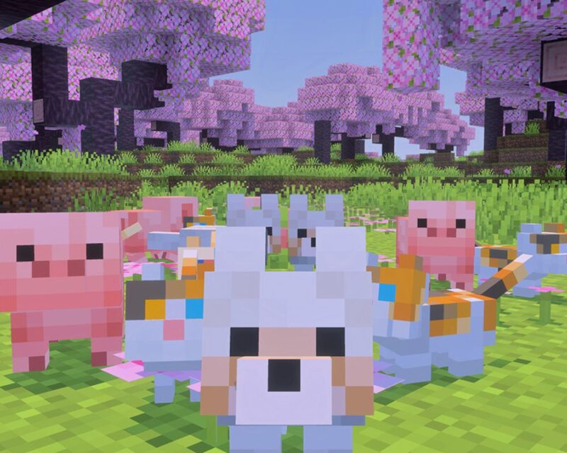 grafika z gry Minecraft, widzimy na niej różne prostokątne małe zwierzaki, po lewej stoi różowa świnka, biały kotek z jednym okiem żółtym a drugim niebieskim, po prawej różowa świnka i kotek z biało-żółtą sierścią, na pierwszym planie biały pyszczek pieska, w tle widzimy ciemne drzewa z różowymi liśćmi i ziemię z zieloną trawą, wszystko utrzymane w charakterystycznej grafice Minecrafta, czyli kwadratowe