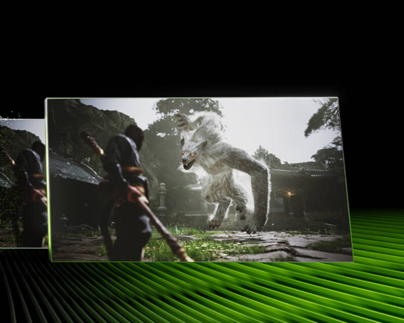 Obrazek przedstawia dynamiczną scenę z gry wideo, prawdopodobnie Black Myth: Wukong, ukazującą walkę pomiędzy postacią gracza widzianą od tyłu a potężnym, białym wilkołakiem o świecących czerwonych oczach w otoczeniu tradycyjnej azjatyckiej architektury i roślinności. Scena jest zaprezentowana na prostokątnym panelu, który unosi się nad ciemnym tłem wypełnionym ukośnymi, jaskrawozielonymi liniami kojarzonymi z identyfikacją wizualną firmy NVIDIA. Za głównym panelem widoczna jest kolejna warstwa obrazu, co sugeruje prezentację technologii generowania klatek lub warstwowości obrazu, a całość utrzymana jest w nowoczesnej, technologicznej estetyce z wyraźnym kontrastem między realistyczną grafiką gry a abstrakcyjnym, zielono-czarnym podłożem.