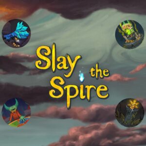 grafika przedstawia obrazek promujący grę Slay the Spire, widzimy na nim niebo i chmury, przed nimi na pierwszym planie tytuł gry: Slay the Spire z niebieskim płomieniem zamiast kropki nad i, po lewej stronie obrazka widać fragment iglicy pnący się w górę, slay the spire poradnik osiągnięcia, w rogach obrazka są też widoczne cztery małe koła symbolizujące niektóre z wydarzeń, w lewym górnym rogu widzimy przewróconą statuę z niebieskiego kryształu, na dole jest nieco uszkodzona i widać wysypujące się z niej złote monety, w prawym górnym rogu natomiast czaszkę unoszącą się nad podium i świecącą zielonym światłem, dookoła niej są kości i złote monety i świece, w lewym dolnym rogu widzimy zieloną uśmiechniętą istotę przypominającą gremlina, ma duże szpiczaste uszy i wskazuje lewą dłonią na koło fortuny stojące przed nią, a w prawym dolnym rogu podium, na którym stoi złota statua przypominająca głowę bez nosa, świecąca złotym światłem