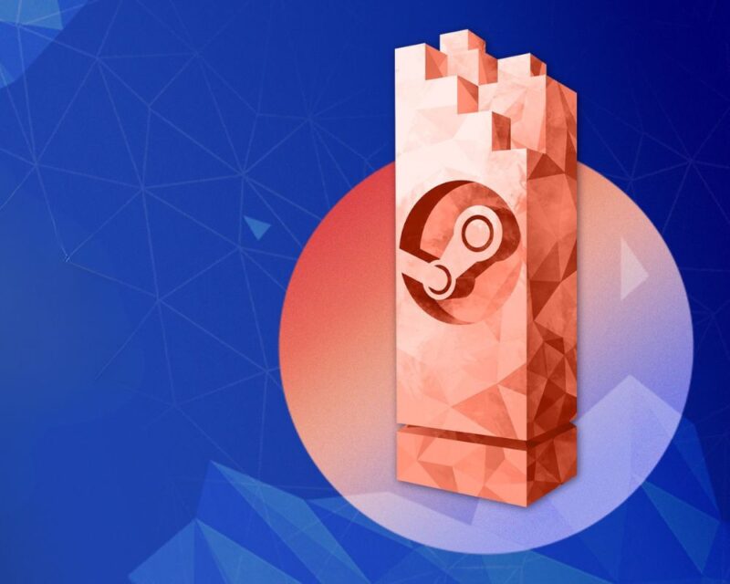 Stylizowana statuetka Steam Awards w formie geometrycznej wieży z logo Steam na froncie, utrzymana w ciepłych odcieniach pomarańczu i różu, na tle niebieskiego, abstrakcyjnego wzoru.