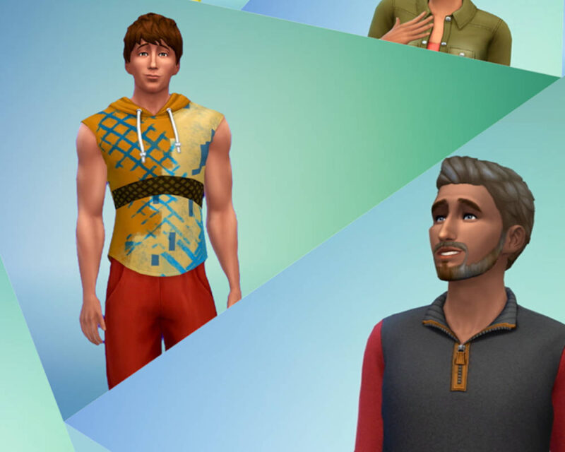 Na obrazku widać grafikę z gry komputerowej z serii The Sims, przedstawiającą postacie męskie na tle składającym się z geometrycznych, trójkątnych płaszczyzn w odcieniach błękitu i zieleni. Po lewej stronie stoi młody mężczyzna o brązowych włosach, ubrany w żółto-niebieski bezrękawnik z kapturem i wzorem kraty oraz czerwone spodnie. Po prawej stronie, nieco niżej, widoczne jest popiersie mężczyzny z krótkim zarostem i szpakowatymi włosami, który patrzy w górę, ubrany w ciemną bluzę z czerwonymi rękawami i zamkiem pod szyją. W górnym prawym rogu widoczny jest jedynie fragment trzeciej postaci w zielonej koszuli. Całość charakteryzuje się stylistyką typową dla współczesnych odsłon serii, z gładkimi teksturami i wyrazistą mimiką postaci.
