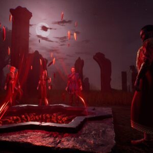grafika promująca grę Vampires: Bloodlord Rising, widzimy cztery postaci skupione wokół ołtarza w kształcie gwiazdy, z którego unoszą się krwawe smugi, trzy postaci w czerwonych szatach stoją za ołtarzem, jedna, również w szkarłatnych szatach, stoi po prawej od niego, w tle widać księżyc w pełni i wieżę zamkową