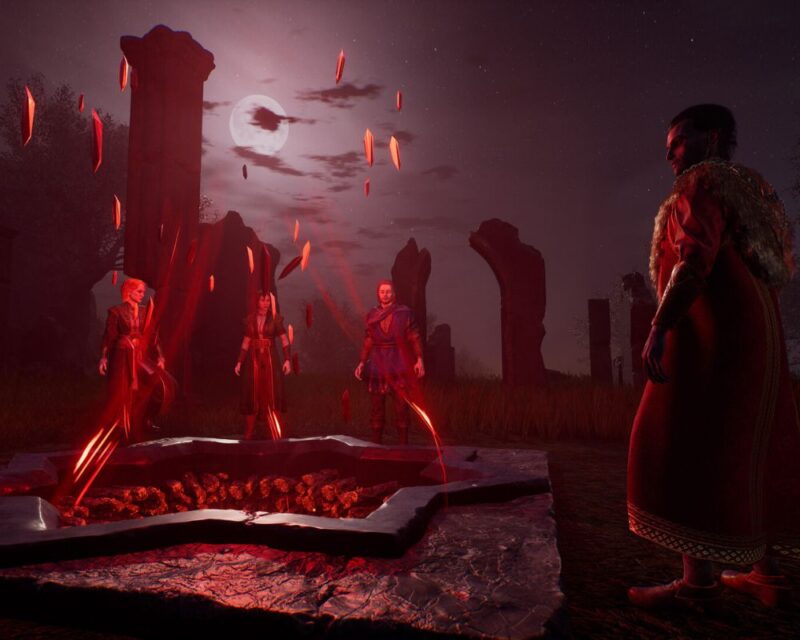 grafika promująca grę Vampires: Bloodlord Rising, widzimy cztery postaci skupione wokół ołtarza w kształcie gwiazdy, z którego unoszą się krwawe smugi, trzy postaci w czerwonych szatach stoją za ołtarzem, jedna, również w szkarłatnych szatach, stoi po prawej od niego, w tle widać księżyc w pełni i wieżę zamkową