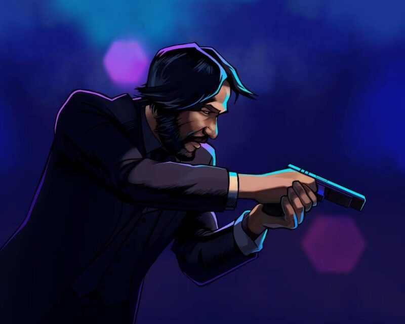 Stylizowana ilustracja uzbrojonego mężczyzny w garniturze podczas strzelaniny