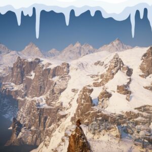 Ilustracja górskiego, zimowego krajobrazu – ośnieżone, skaliste szczyty i urwiska rozciągające się aż po horyzont, z lodowymi soplami zwisającymi u góry kadru oraz samotną postacią stojącą na wąskim, skalnym wierzchołku.