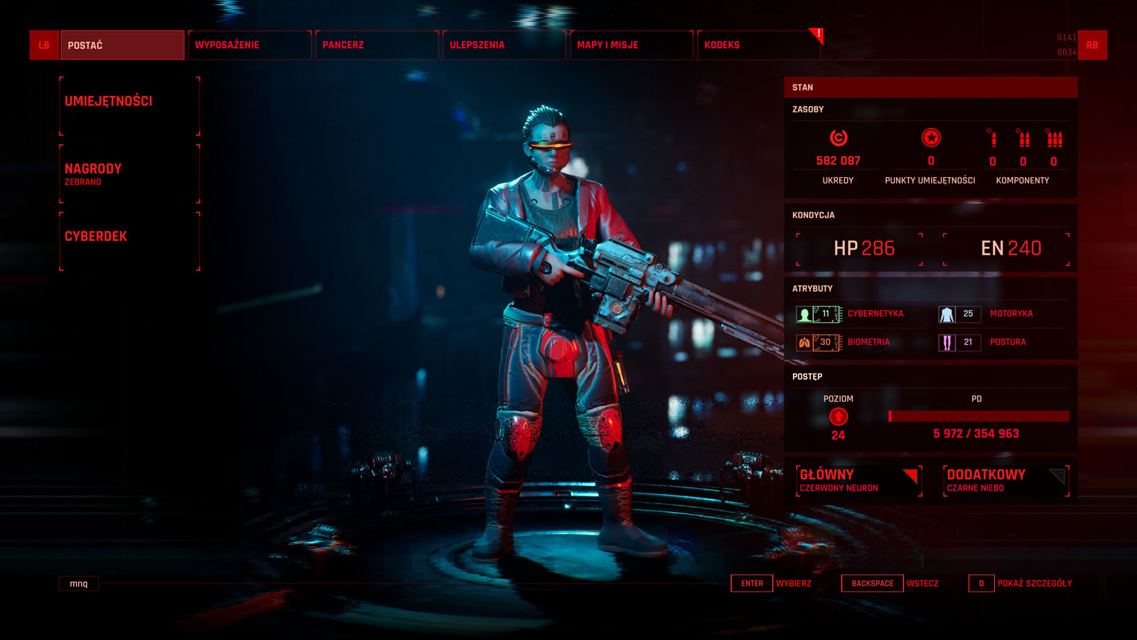 W menu postaci możemy podejrzeć statystyki, wymień broń lub implanty