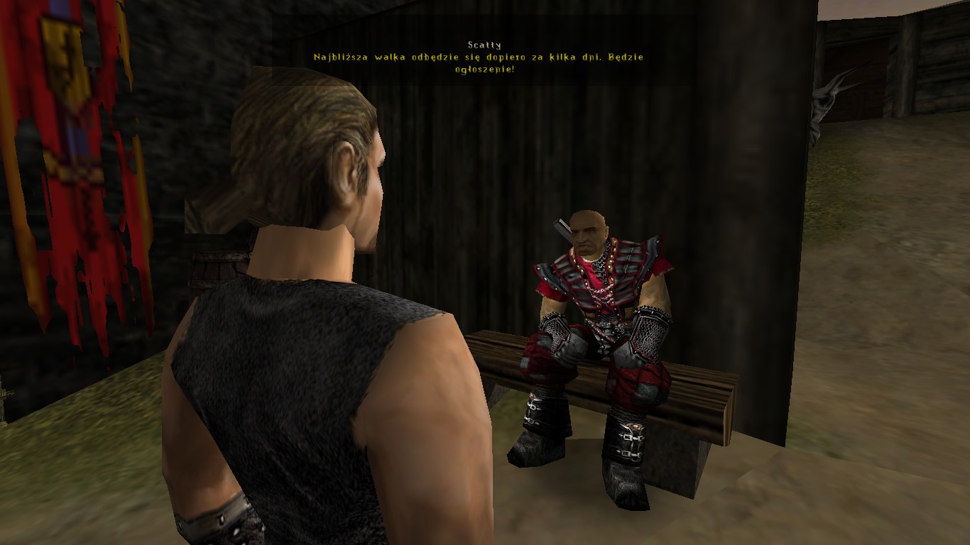 Dwóch mężczyzn, ubrany na szaro Bezimienny i ubrany w czerwoną zbroję cienia prowadzi ze sobą dialog w grze Gothic
