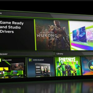 AI w gamingu czyli przyszłość w nasyzch rękach. Obrazek przedstawia ekran ze grafiką aplikacji Nvidii oraz okładkami gier, w których można zastosować DLSS