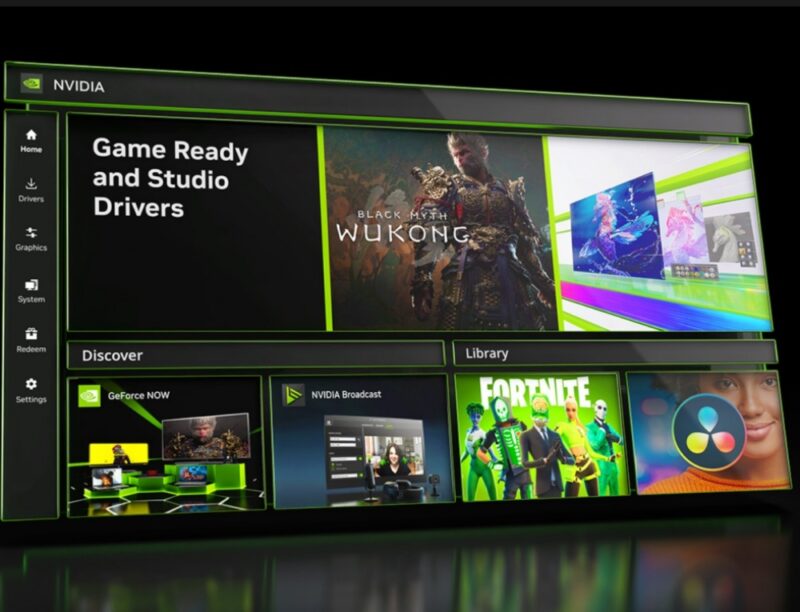 AI w gamingu czyli przyszłość w nasyzch rękach. Obrazek przedstawia ekran ze grafiką aplikacji Nvidii oraz okładkami gier, w których można zastosować DLSS