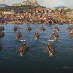 Grafika prezentuje scenę z gry Anno 117: Pax Romana. Widok od strony morza na flotę trirem oraz nabrzeże portu i rzymskie miasto. W tle widać akwedukt, góry i inne wyspy.