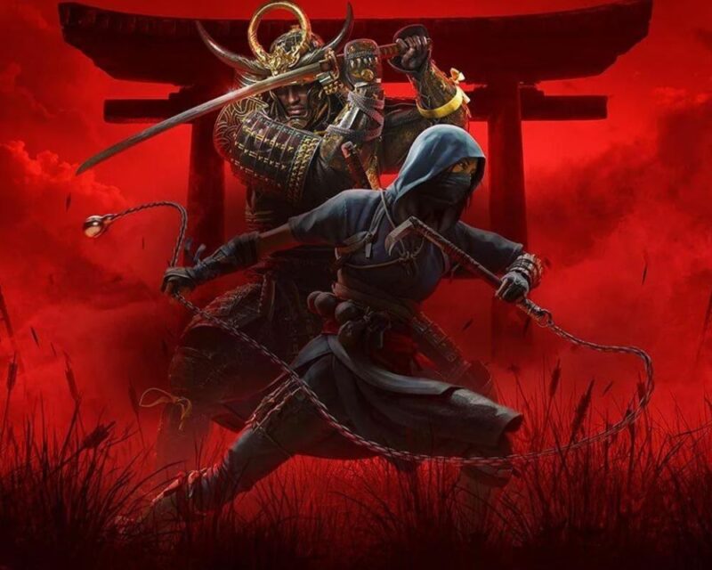 Dynamiczna ilustracja przedstawiająca uzbrojonego samuraja w zbroi z uniesioną kataną oraz zamaskowaną postać ninja z bronią łańcuchową, stojących na tle czerwonego nieba i sylwetki japońskiej bramy torii wśród trawy.