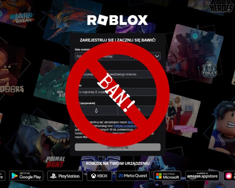 Obrazek prezentuje stronę główną do rejestracji na platformie Roblox. Na formularzu rejestracyjnym znajduje się wzór znaku „Stop” z napisem „BAN!”.