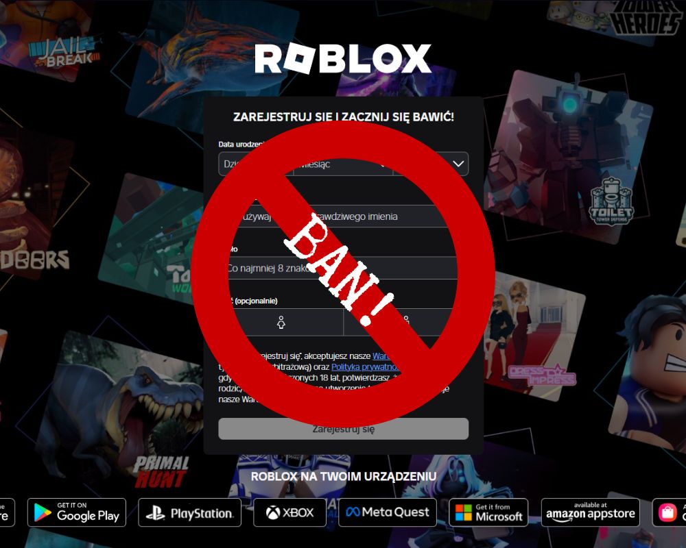 Obrazek prezentuje stronę główną do rejestracji na platformie Roblox. Na formularzu rejestracyjnym znajduje się wzór znaku „Stop” z napisem „BAN!”.