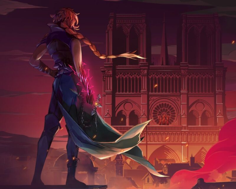 smukła postać stojąca tyłem, z warkoczykiem, który powiewa na wietrze, a przed nią stoi monumentalna katedra, cały obrazek jest w ciepłych barwach