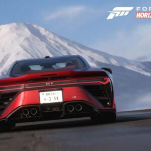Co wiemy o Forza Horizon 6? Flagowym samochodem będzie 2025 GR GT Prototype. Czerwony samochód jest przedstawiony na tle białej sylwetki Góry Fuji. Pojazd stoi na asfaltowej drodze, tyłem do patrzącego, .