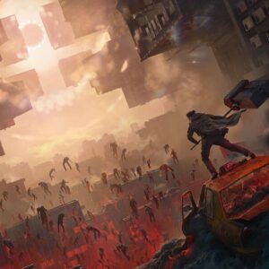 Grafika z planowanej na rok 2026 gry Control Resonant co do której nie ma pewności, czy Remedy Entertainment nie wprowadzi systemu mikropłatności. Obrazek przedstawia postać stojącą na wraku samochodu w miejskim postapokaliptycznym krajobrazie. Przed postacią widać podświetloną czerwono rozległą szczelinę, z której unoszą się bezwładne postaci ludzkie w pozycjach przypominających masowe porwanie przez obcych. W prześwicie pomiędzy budynkami nad horyzontem widać pełne zaćmienie słońca z halo Całość utrzymana jest w tonacji sepii i czerwieni.