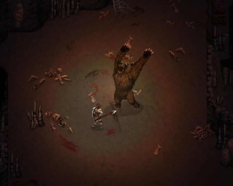 zrzut ekranu z gry Drova – Forsaken Kin, który przedstawia gracza (wojownika) walczącego z niedźwiedziem na arenie. Na arenie znajduje się krew oraz szkielety poległych wojowników.