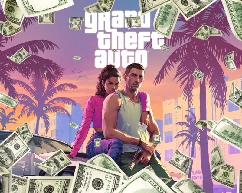 Bohaterowie GTA 6 (Lucia i Jason) na masce samochodu w otoczeniu latających pieniędzy i palm w Vice City – ilustracja do newsa o przewidywanej cenie GTA 6