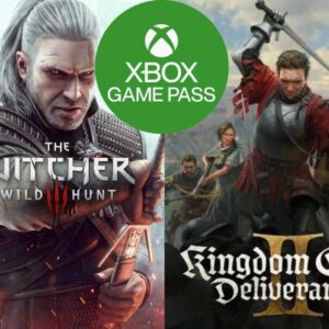 Obrazek przedstawia grafikę promocyjną usługi Xbox Game Pass, podzieloną pionowo na dwie części, z centralnie umieszczonym logotypem usługi w górnej sekcji. Po lewej stronie widoczny jest Wiedźmin Geralt, tytułowy bohater gry Wiedźmin 3:Dziki Gon, sięgający po miecz na szarym tle. Po prawej stronie znajduje się postać z gry Kingom Come: Deliverance II, unoszącego miecz na tle bitwy. Całość sugeruje obecność obu tych tytułów w ofercie subskrypcyjnej, sugerując bogactwo nowych i starszych tytułów.