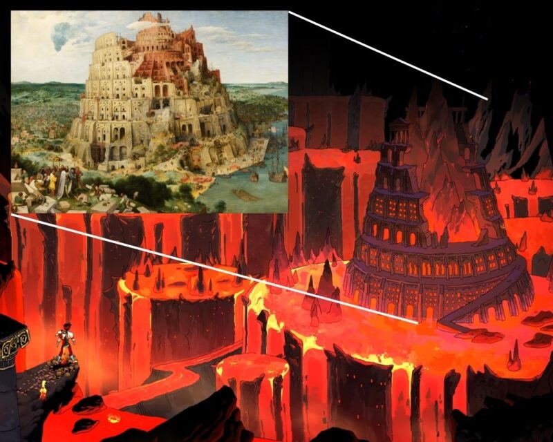 Zrzut ekranu z gry Hades - przedstawia fragment lokacji Asfodel. Scena jest w kolorach czarno-czerwonym, ze strumieniami lawy lejącymi się z klifu, na którym stoi wielopoziomowa wieża o charakterystycznym kształcie ułamanego stożka. W lewym rogu ilustracji widać oryginalną inspirację, czyli  „Wieża Babel”. Petera Breugla. Budynki mają bardzo podobny kształt, jednak oryginał przedstawiony jest w świetle dnia, kamienny kształt wieży odcina się od nieba i zielonej roślinności wokół.