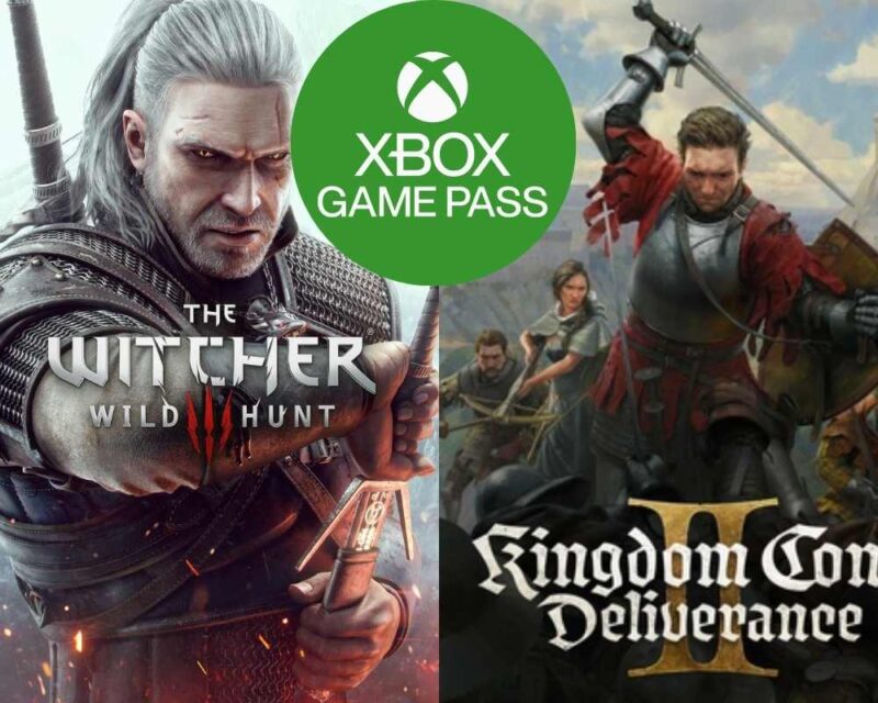 Obrazek przedstawia grafikę promocyjną usługi Xbox Game Pass, podzieloną pionowo na dwie części, z centralnie umieszczonym logotypem usługi w górnej sekcji. Po lewej stronie widoczny jest Wiedźmin Geralt, tytułowy bohater gry Wiedźmin 3:Dziki Gon, sięgający po miecz na szarym tle. Po prawej stronie znajduje się postać z gry Kingom Come: Deliverance II, unoszącego miecz na tle bitwy. Całość sugeruje obecność obu tych tytułów w ofercie subskrypcyjnej, sugerując bogactwo nowych i starszych tytułów.
