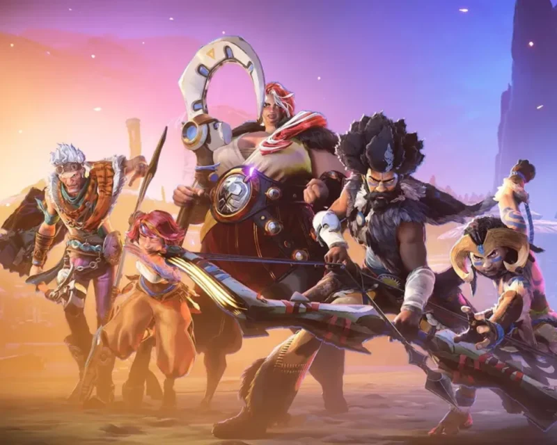 Grupa fantasy bohaterów uzbrojonych w łuki, włócznie i magiczne artefakty, stojących na pustynnym tle w dynamicznej, ilustracyjnej scenie akcji