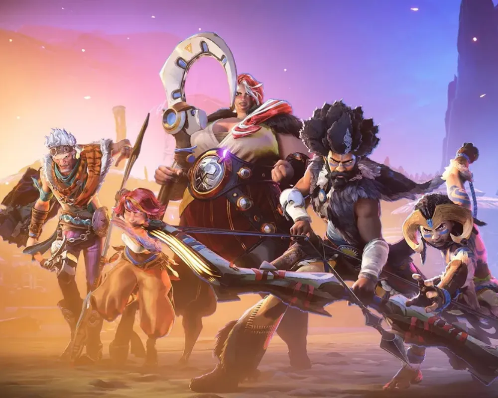Grupa fantasy bohaterów uzbrojonych w łuki, włócznie i magiczne artefakty, stojących na pustynnym tle w dynamicznej, ilustracyjnej scenie akcji