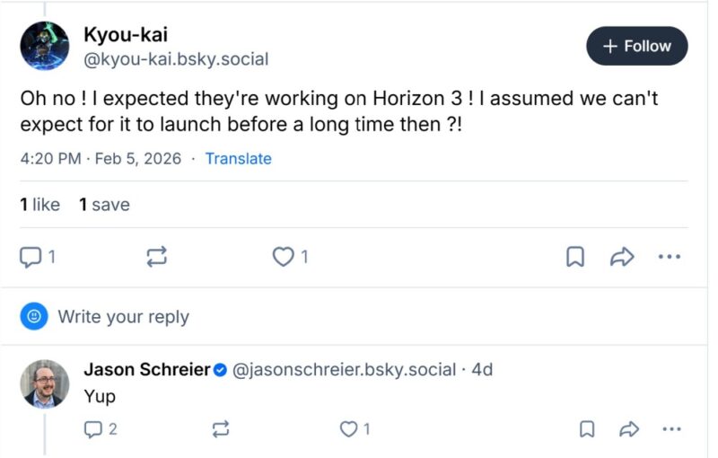 Screenshot przedstawia rozmowę uęytkownika Kami z Jasonem Schreierem na temat daty premiery Horizon 3. Jason Schreier przyznaje, że nie nastąpi ona w najbliższym czasie.