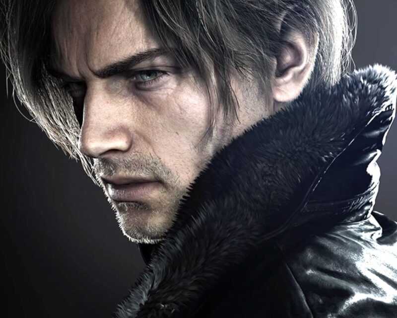 Leon S. Kennedy z Resident Evil Requiem, mroczny portret mężczyzny w średnim wieku w czarnej skórzanej kurtce z futrzanym kołnierzem, z intensywnym spojrzeniem i dramatycznym oświetleniem na ciemnym tle