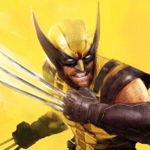 Na zdjęciu widać głównego bohatera gry Marvel's Wolverine - Wolverinea. To mężczyzna w żółto-czarnej masce zasłaniającej włosy i oczy, z brodą i zaciśniętą szczęką, ma na sobie żółto-czarny strój odsłaniający ramiona, przedramiona ma zakryte czarnymi rękawicami, ręce zaciśnięte w pięści, z kłykci wychodzą długie ostrza. Przybrał postawę bojową, tło jest żółte