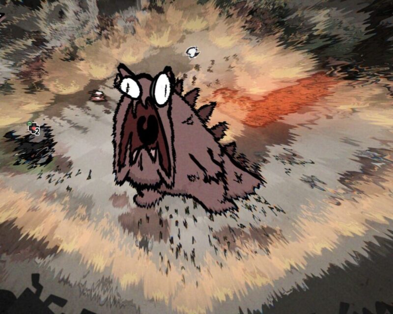 W centrum obrazka znajduje się czerwony potwór. Ma on wielką paszczę i kolce na grzbiecie. Potwór ryczy, przez co tło obrazka jest rozmyte. Widzimy, że stoi na kwadratowej planszy, skierowanej rogami do nas.