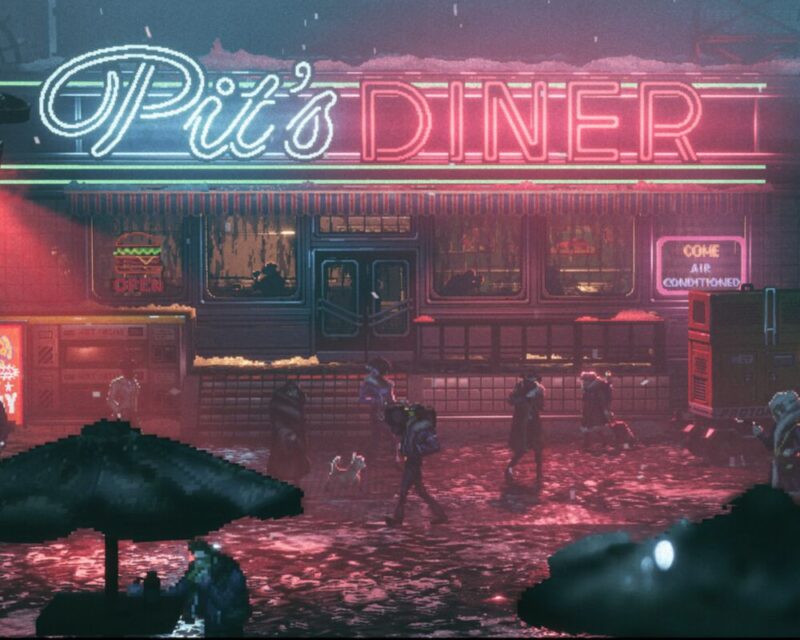 Za zdjęciu widzimy duży neonowy napis "Pit's DINER". Jego światło barwi całość na czerwono i niebiesko. Pod neonem widzimy wiele postaci w grubych płaszczach, każda patrzy w innym kierunku. Na pierwszym planie widać parasole od stolików z jadłodajni, a w tle teren budowy i szare bloki.