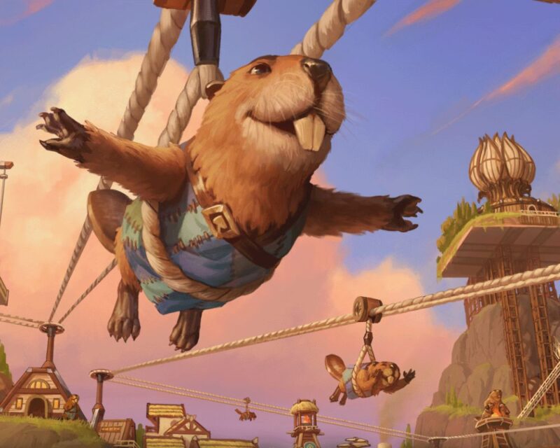 Na grafice widzimy bobra na tyrolce. Ma jasnobrązowe futro i jednoczęściowy, niebieski strój. Do tego ma skórczany brązowy pasek ze złotą klamrą. Bóbr ma ręce rozłożone na boki (niczym ptak). W tle widzimy inne bobry na tyrolkach oraz skarpy, z których zaczynają się tyrolki. Na skarpach są domy. W jeszcze dalszym tle widoczne jest jasne niebo z różową, ogromną chmurą.