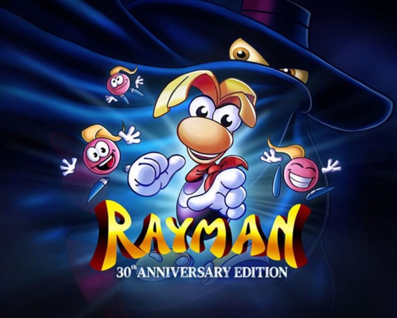 Ilustracja promocyjna przedstawiająca bohatera gry Rayman biegnącego w stronę widza, otoczonego trzema uśmiechniętymi, unoszącymi się w powietrzu postaciami pomocników. W tle widoczna jest mroczna, tajemnicza sylwetka w kapeluszu z błyszczącymi oczami, częściowo ukryta w cieniu. Na dole grafiki znajduje się kolorowy napis „Rayman – 30th Anniversary Edition”, podkreślający jubileuszowe wydanie gry.