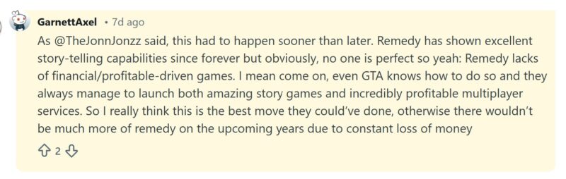 Screenshot przedstawia wyważony komentarz użytkownika GarnettAxel do wątku poświęconemu franczyzie Alan Wake na platformie Reddit i obaw, czy Remedy Entertainment nie wprowadzi mikropłatności. Odnosi się do wpływu braku zmian w finansowaniu przez Remedy Entertainment na przyszłość oraz dalsze funkcjonowanie firmy. Tłumaczenie wypowiedzi znajduje się powyżej w treści artykułu.