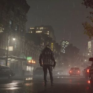 Zrzut ekranu z gry Resident Evil Requiem. Prezentuje nocną scenerię miasta w czasie deszczu. Leon S. Kennedy stoi na środku drogi tyłem do kamery, ubrany w ciemną skórzaną kurtkę i ciężkie buty. W prawej dłoni ma pistolet. Wkoło stoją samochody, latarnia uliczna rzuca miękkie światło. W tle widać szereg amerykańskich kamienic, a także nowoczesne wieżowce. Zrzut ekranu jednocześnie prezentuje skok technologiczny w zakresie oprawy wizualnej, osiągalnej na konsoli PS5 Pro.