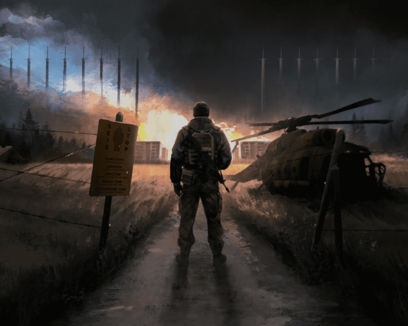 Grafika z gry Road to Vostok. Przedstawia ona uzbrojonego ocalałego spoglądającego w stronę płonącego horyzontu i zniszczonych blokowisk na pograniczu fińsko-rosyjskim. Na obrazku widać charakterystyczne elementy tej produkcji: tablicę ostrzegawczą strefy granicznej, wrak śmigłowca oraz mroczną, postapokaliptyczną atmosferę