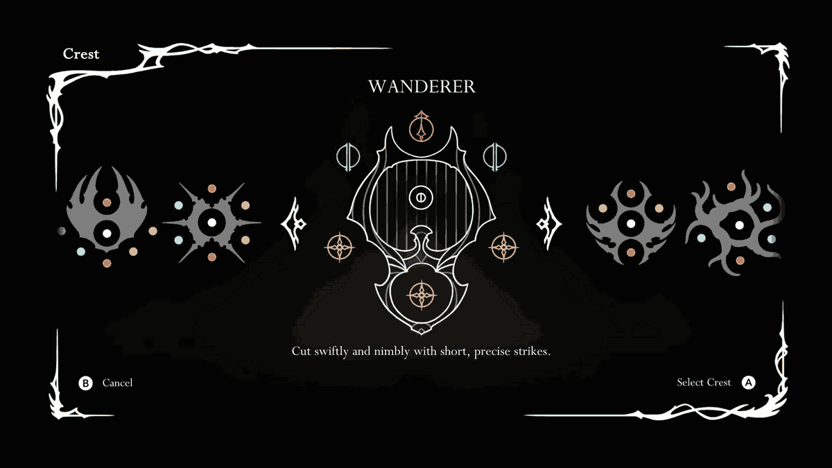 Obrazek ukazujący jak wyglądają Herby w Hollow Knight: Silksong. Czarne tło z kilkoma tajemniczymi symbolami. Każdy symbol to jeden herb, który otoczony jest kolorowymi slotami na narzędzia.