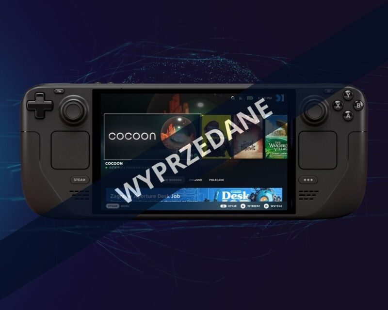 Konsola Steam Deck OLED widoczna z przodu z włączonym interfejsem biblioteki gier Steam. Na ekranie znajduje się duży napis „Wyprzedane”, informujący o braku dostępności urządzenia w sprzedaży