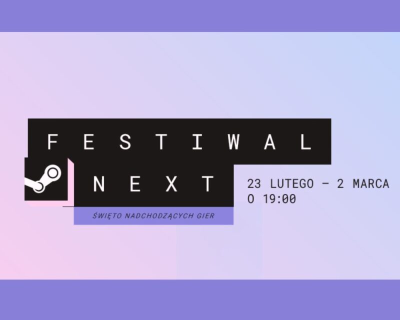 festiwal nadchodzących gier wideo organizowany na platformie Steam - Steam Next Fest 2026, grafika w minimalistycznym stylu prezentuje nazwę wydarzenia, logo Steam oraz informacje o terminie: 23 lutego – 2 marca, start o 19:00, pastelowe, gradientowe tło i nowoczesna typografia, dominuje kolor fioletowy