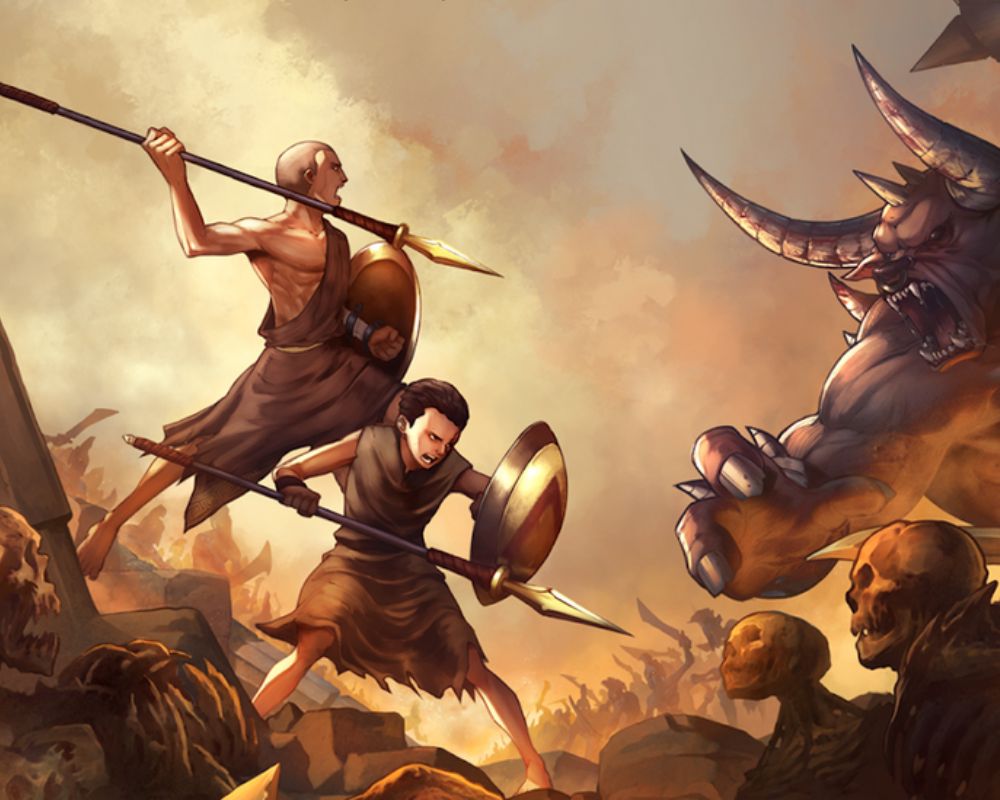 Ilustracja fantasy z gry „God of War: Sons of Sparta” przedstawiająca dwóch wojowników w stylu spartańskim walczących włóczniami i tarczami z rogatym potworem na tle płonącego pola bitwy; na pierwszym planie widoczne są czaszki, a w tle chaos starcia.