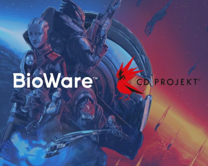 Grafika z gry Mass Effect z nałożonymi logotypami studiów BioWare i CD PROJEKT RED informująca o dołączeniu twórcy Mass Effect do zespołu CD PROJEKT RED; przedstawia ona towarzyszy Sheparda: Garrusa, Liarę, Tali, Wrexa i Mirandę na tle statku Normandia oraz inwazji Żniwiarzy.