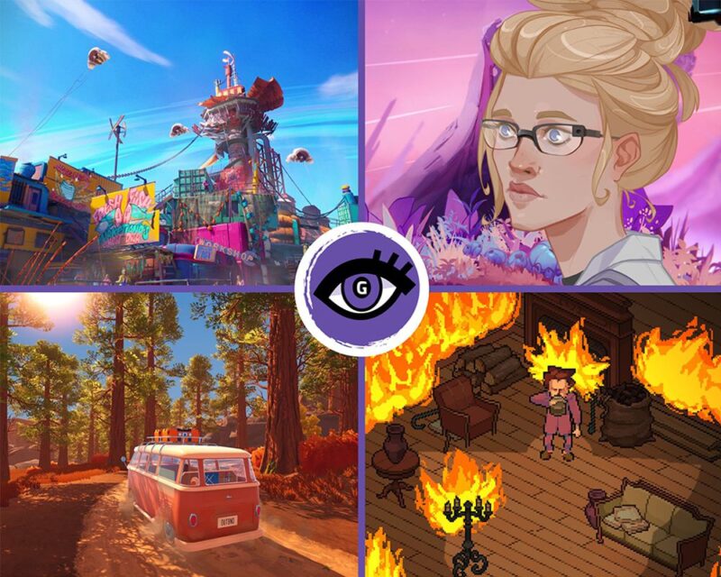 Na obrazku znajduje się kolaż ze zrzutów ekranu z czterech gier. W lewym górnym rogu widnieje futurystyczny krajobraz, budynki z kolorowych blach i kontenerów oraz wielka, czerwona wieża. W prawym górnym rogu widać kobietę - ma jasną cerę, blond włosy, nosi okulary. Stoi na tle obco wyglądającej flory. W lewym dolnym rogu widać duży samochód - van - jadący leśną drogą. Kolory są ciepłe, jakby słońce właśnie zachodziło lub wschodziło. W prawym dolnym rogu widać mężczyznę stojącego pośrodku płonącego domu. Trzyma w dłoniach coś, co przypomina słoik lub puszkę.