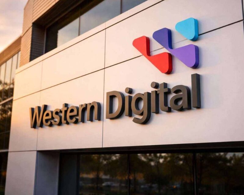 Kawałek ściany budynku. Białe prostokątne kafelki, a poniżej i powyżej wgłębienia z widocznymi oknami. Na samych kafaleach duży czarny napis ,,Western Digital" z umieszczonym obok trzykolorowym logiem