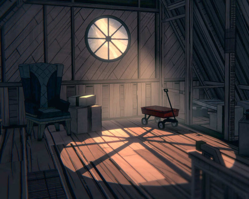 Na obrazku widzimy tajemnicze poddasze. Sceneria jest bardzo ciemna, ale z okna, które znajduje się w centralnej części obrazka pada jasne światło i rzuca cień. Po lewej stronie stoi niebieski fotel. Po prawej stronie znajduje się czerwony wózek. Poza tym na obrazku widać kartony i skrzynki.