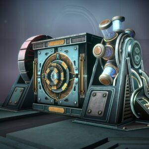 Fragment gry logicznej Boxes - Lost Fragments, przedstawiający realistyczną scenę z zagadkowym mechanizmem – na środku stoi ozdobna metalowa skrzynia-maszyna z okrągłą zamkniętą klamrą i dekoracyjnymi elementami, a obok rozstawione są cylindryczne komponenty lub fragmenty urządzenia, całość osadzona na stole w przyciemnionym, eleganckim wnętrzu.