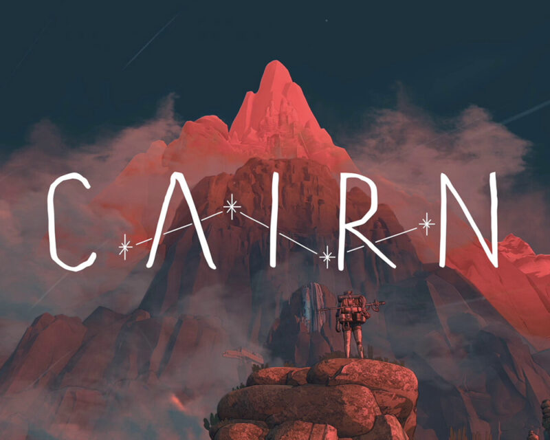 Grafika przedstawia majestatyczną górę o wschodzie słońca w rysunkowym stylu. Pośrodku grafiki rozprześciera się napis CAIRN.