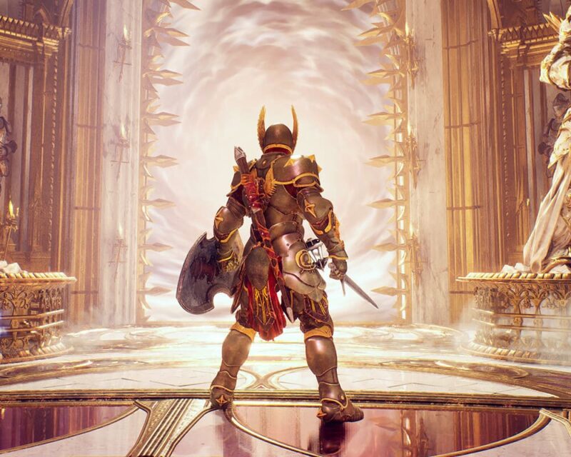 Na obrazku widać głównego bohatera z zapowiedzi gry Crimson Moon. Jest to potężnie zbudowany rycerz, stojący tyłem do widza. Jest ubrany w ciężką, złocisto-brązową zbroję z czerwonymi elementami materiału. W jednej ręce trzyma duży topór bojowy, a w drugiej miecz, jakby przygotowywał się do walki. Przed nim znajduje się ogromny, jasny portal otoczony światłem i ostrymi, złotymi elementami przypominającymi kolce. Cała scena rozgrywa się w monumentalnej, bogato zdobionej sali z wysokimi kolumnami i złotymi detalami, które nadają jej niemal boski, podniosły charakter.