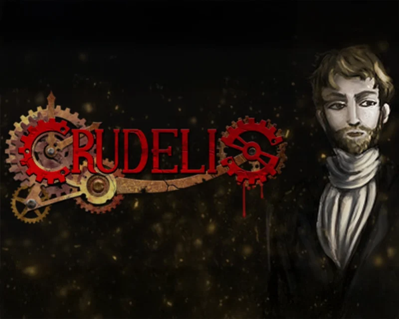 Mroczna ilustracja z logo gry Crudelis stylizowanym na mechaniczne koła zębate w czerwieni; po prawej portret młodego mężczyzny o surowym spojrzeniu, w ciemnym stroju, na czarnym tle z unoszącymi się iskrami.